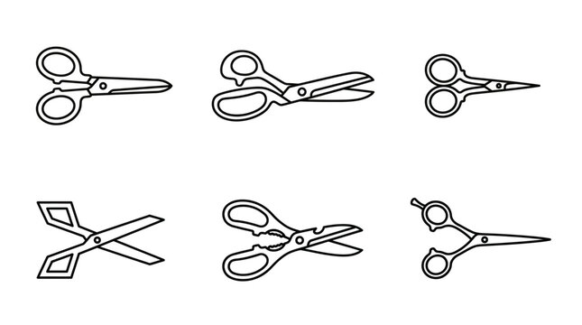 Set of six minimalist black outline vector icons representing various styles of professional shears and cutting tools for craft and beauty