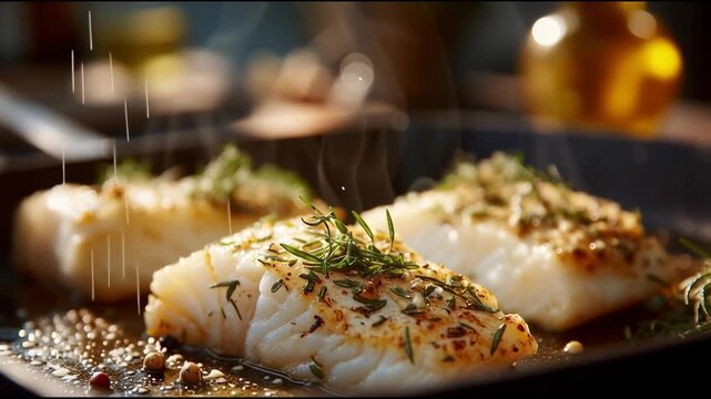 Seasoning fresh fish fillets with herbs and spices while cooking