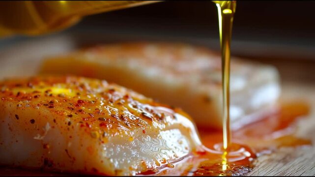 Pouring golden olive oil over seasoned fish fillets for cooking