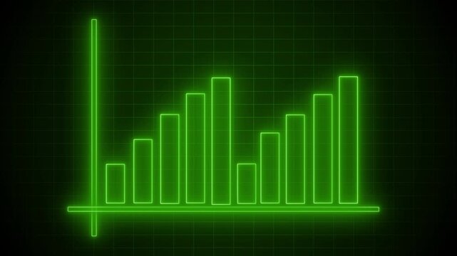 Neon-style bar chart with vertical and horizontal axes glowing outline and varying bar heights animation