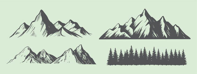 Mountain range silhouettes and coniferous forest sketched vector illustration © MOHAMMAD