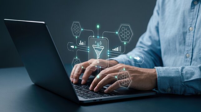 Professional analyst typing on laptop with glowing digital funnel hologram for data processing and lead conversion optimization, sales pipeline management, business modern technology business concept