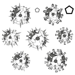 Fototapeta premium Viral particles are illustrated in various scientific representations on a white background with a hexagon.