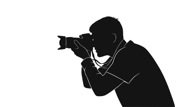 Silhouette of a photographer holding a camera and taking a photo, isolated on white background