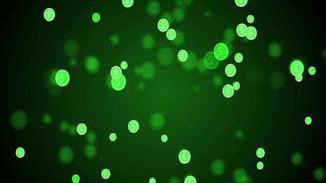 Floating translucent coins marked by dollar signs soft bokeh lights animation