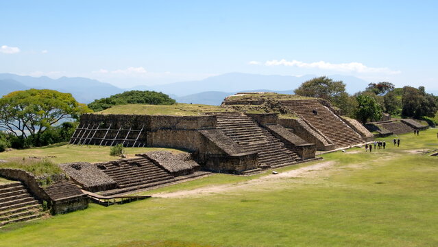 Stepped pyramids along the side of the central courtyard at Monte Alban, in Oaxaca, Mexico