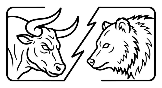 Bull and bear stock market battle concept, financial investment and market trend line art vector illustration