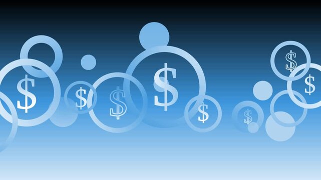 Abstract digital animation dollar-symbol rings and bubbles background animation