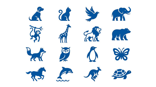 A collection of blue animal icons on a white background including dog cat bird elephant monkey giraffe lion bear fox owl penguin dolphin kangaroo turtle butterfly.