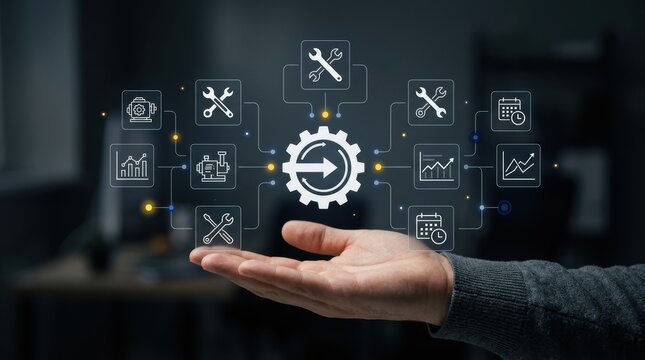 Professional hand presenting digital interface for industrial maintenance management and machine optimization, smart manufacturing, predictive maintenance, asset modern technology business concept