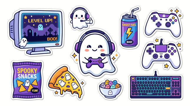 Cozy Spooky Gaming Halloween Sticker Pack featuring Cute Ghosts, Delicious Snacks, and Retro Tech Elements