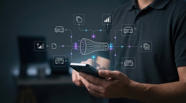 Professional man using smartphone to manage network data flow through a digital funnel interface with server and document icons, big data analytics, cloud computing modern technology business concept