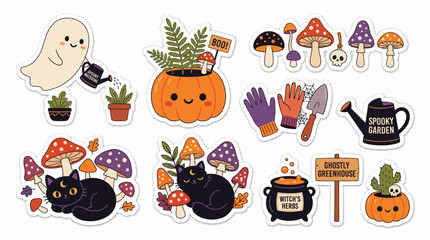 Fototapeta premium Charming Halloween Sticker Pack A Collection of Spooky Garden Delights, Mystical Mushrooms, and Playful Ghosts