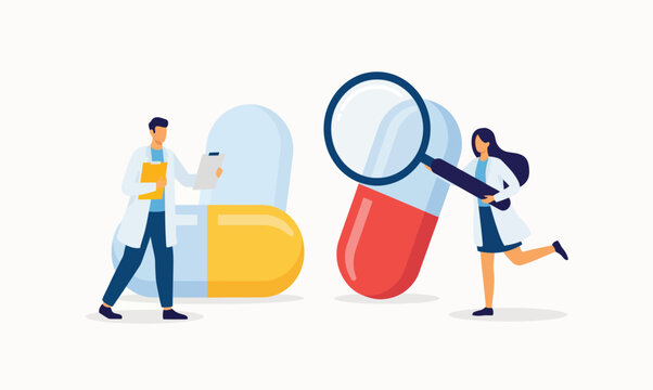 medical research concept vector illustration with capsule pill magnifier and healthcare professionals analyzing medicine