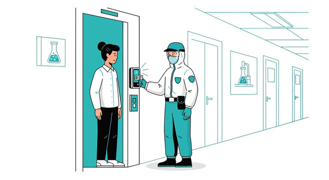 Health worker checks woman's temperature before elevator access