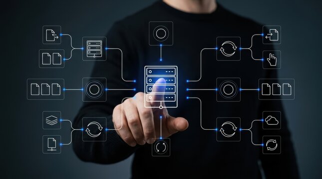 Professional interacting with futuristic digital server interface displaying data management workflow, cloud computing, data protection, business intelligence modern technology business concept