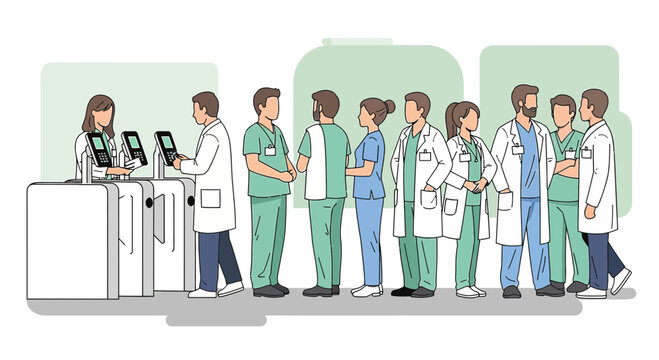 Healthcare workers queueing at reception kiosks, medical staff line