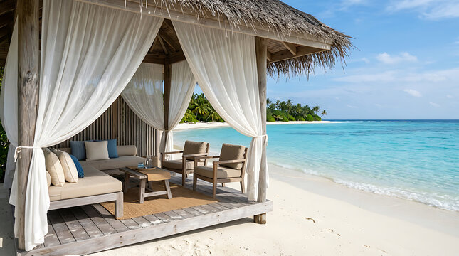 Luxury Beachfront Cabana Facing Tropical Ocean with White Sand and Crystal Clear Water