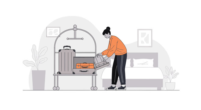 Woman unpacking luggage from hotel bellman cart in a bedroom