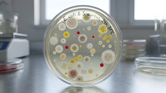 Close-up of E. coli & S. aureus bacterial colonies growing in a petri dish, incubated at 24 hours, 37?C in a laboratory setting