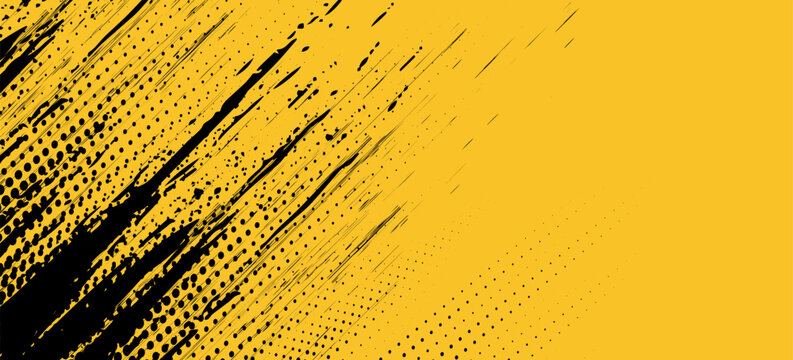 Yellow and black backdrop with dot halftone pattern element. Abstract brush grunge background. retro comic concept for your graphic design, banner or poster See Less