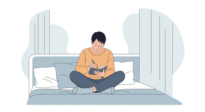 Young man writing in journal on bed, self-reflection and personal growth concept