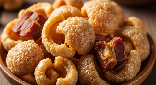 Crispy Golden Pork Rind Snacks Arranged in Rustic Wooden Bowl