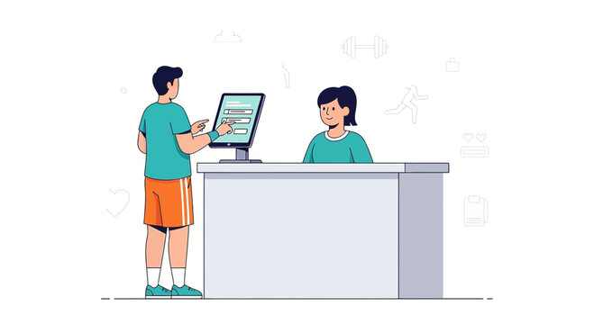 Fitness instructor and client at gym reception, planning workout