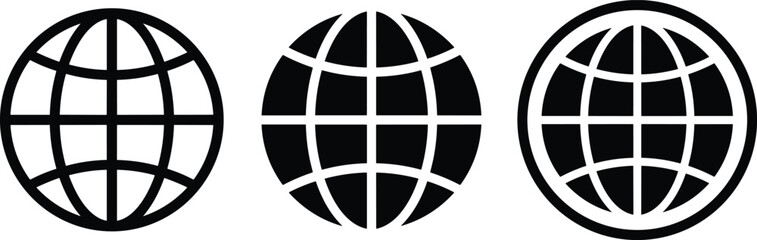 Obraz premium Black and white globe icons illustrating global connectivity, worldwide communication, internet access, and international network technology concept design