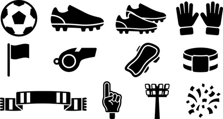 Football Equipment and Match Atmosphere Silhouette Icon Set © Mediasegment
