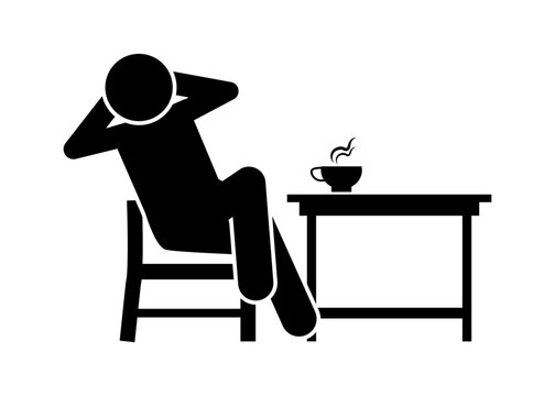 Man relaxing on chair with hot coffee on table icon. Stickman figure cartoon silhouette.