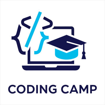 Coding Camp logo featuring laptop computer graduation cap and programming brackets symbols.