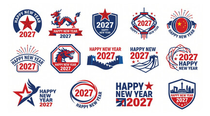 Happy new year 2027 vector emblems and icons featuring chinese dragon star shield pagoda great wall motifs traditional chinese celebration greeting traditional collection seasonal © Shaon