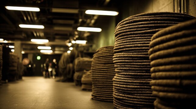 Neatly stacked bundles of shielded communication cables in a dimly lit industrial warehouse setting