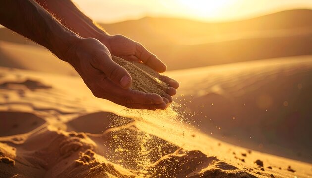 Hands releasing sand in desert at sunset, symbolizing time slipping away.