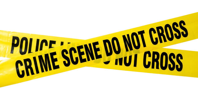 Crossed crime scene tape isolated as a transparent PNG for police, investigation, danger, restricted access, security alerts, and forensic design concepts.
