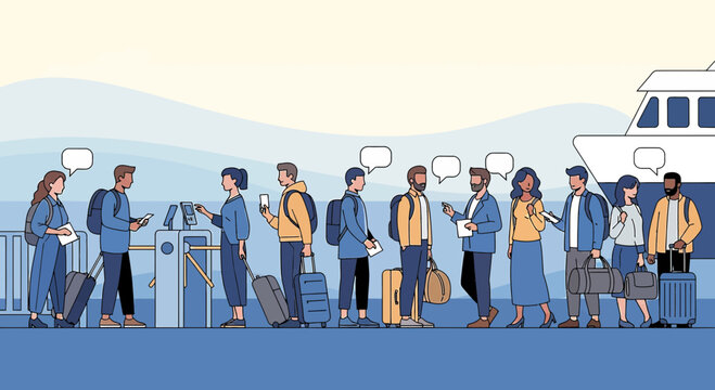 Diverse people queuing for ferry boarding with luggage, communication bubbles above heads