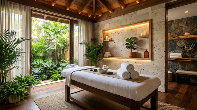 Luxury Spa Massage Room Interior with Natural Wooden Design, Soft Lighting, and Relaxing Wellness Atmosphere for Hospitality Concepts