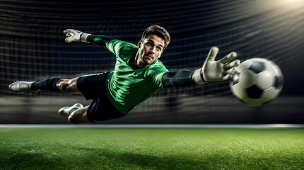 Naklejka premium Dynamic Soccer Goalkeeper Diving Through Air Towards Ball in Stadium