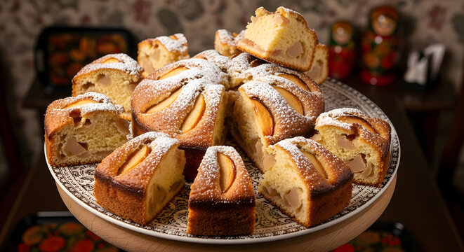 Cut slices of sharlotka cakes or Russian apple cake with powder sugar on top on a traditional platter, against traditional Russian restaurant background with some matryoshka dolls seen