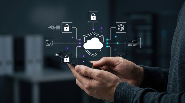 User's hand interacting with a smartphone displaying a secure cloud data management interface, cybersecurity concept, digital identity, data protection, network modern technology business concept
