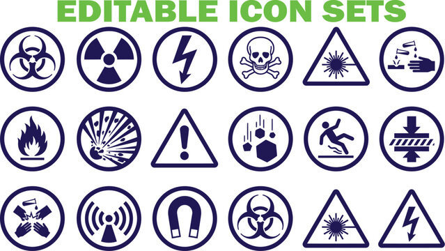 Collection of editable warning and danger sign icons for safety with danger zone lightning bolt flat design biohazard radiation electricity explosion flammable pressure electromagnetic