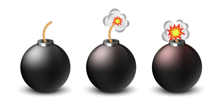 Bomb countdown sequence with burning fuse illustration isolated on white