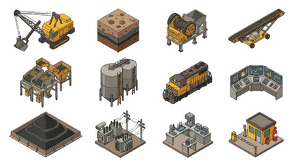 Collection of isometric industrial construction and mining equipment icons. © Lerr