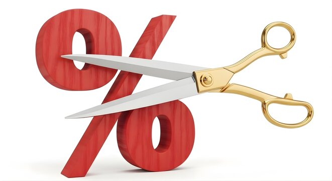 Golden handle scissors cutting through large red wooden percentage sign isolated on white background depicting financial concepts like interest rate cuts tax reduction and price discount promotion