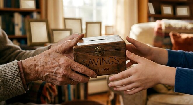 Elderly hands passing vintage wooden savings box to young hands represents inheritance financial wisdom generation gap wealth transfer family support