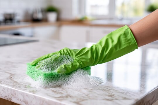 Close-up of a hand wearing a green glove cleaning a marble countertop with a soapy sponge.