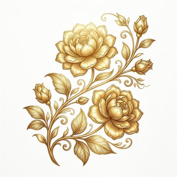 Golden floral illustration with roses and leaves isolated