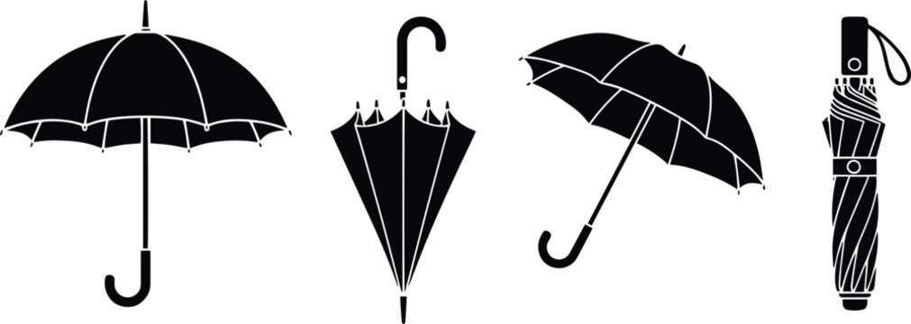 A collection of four black and white vector illustrations showcasing various positions of umbrellas, including open, closed, and angled perspectives, suitable for weather, travel, or fashion design pr