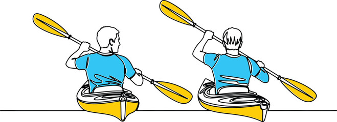 A minimalist continuous line illustration showing two people in kayaks paddling on the water, highlighting themes of recreation, teamwork, and outdoor adventure. © Bayu